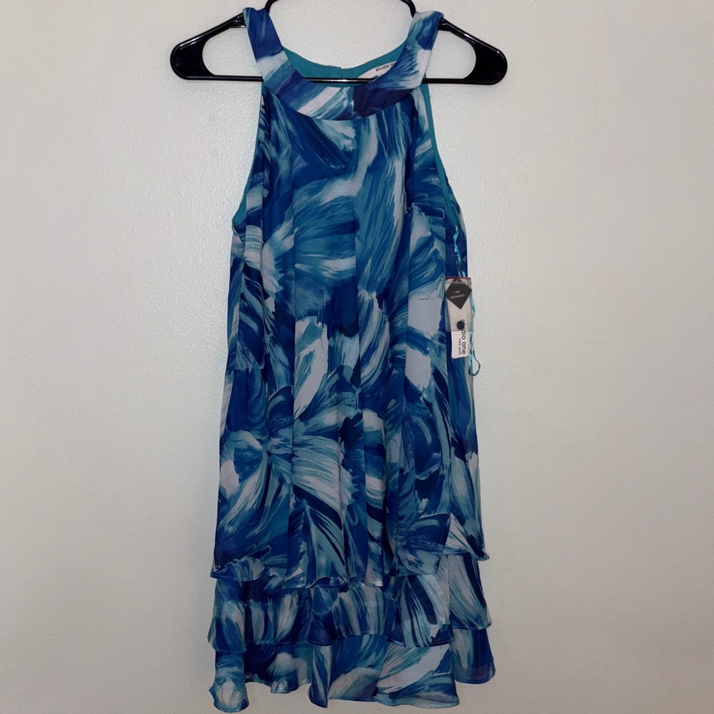 Studio One Blue Abstract Print Tiered Halter Dress